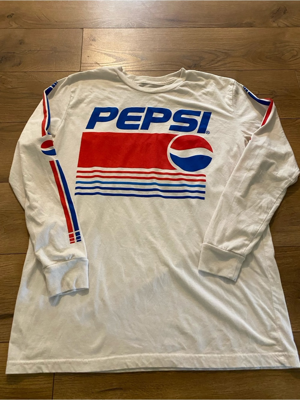 Pepsi White Long-Sleeve Tee with Red & Blue Logo Stripes